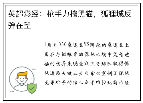 英超彩经：枪手力擒黑猫，狐狸城反弹在望