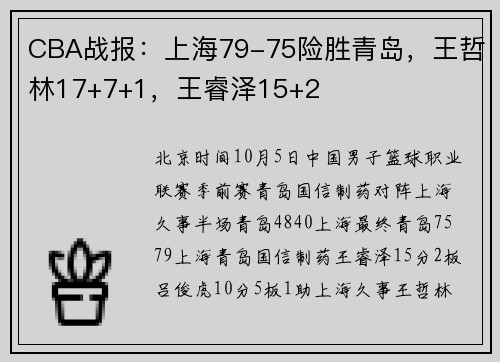 CBA战报：上海79-75险胜青岛，王哲林17+7+1，王睿泽15+2